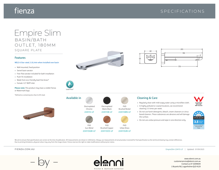 Empire Slim Basin/Bath Outlet, Square Plate, 180mm - Spec sheet