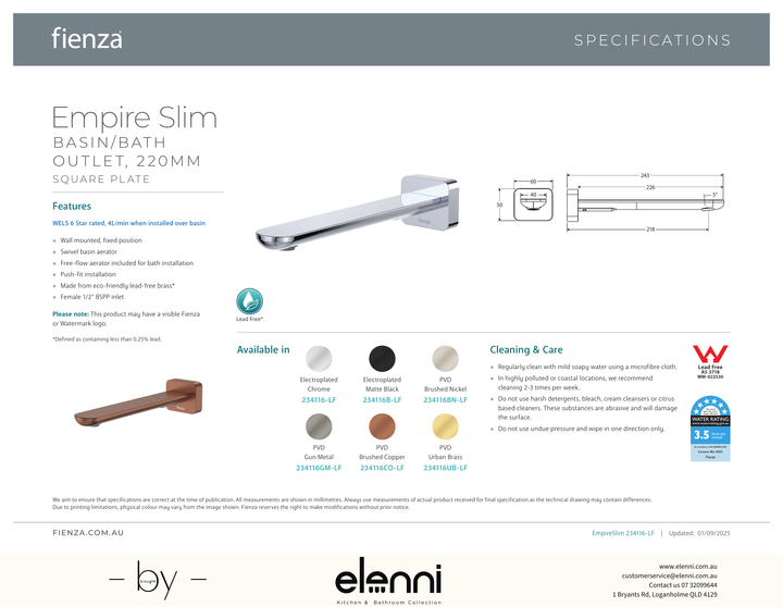 Empire Slim Basin/Bath Outlet, Square Plate, 220mm - Spec sheet