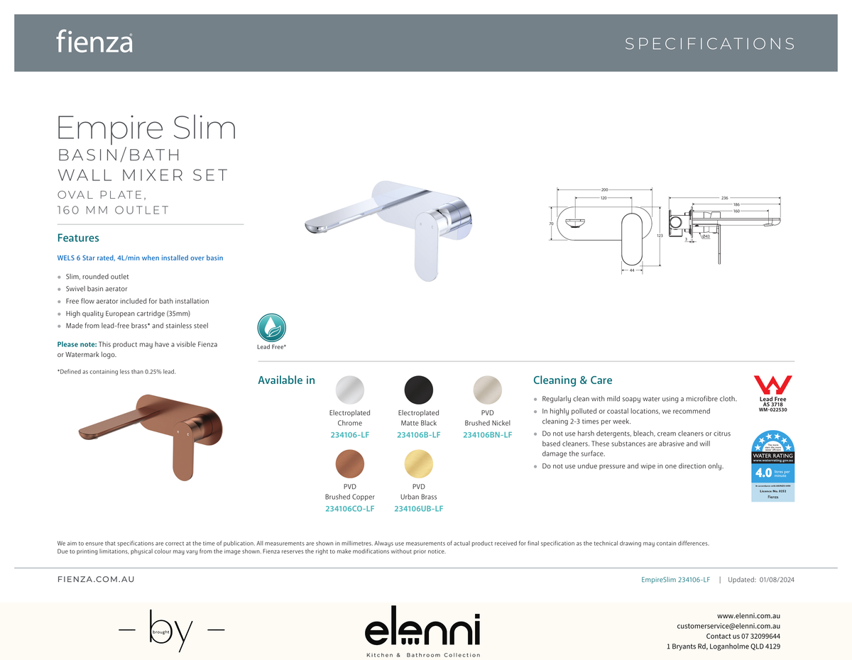 Empire Slim Basin/Bath Wall Mixer Set Dress Kit, Oval Plate, 160mm Outlet - Trim Kit Only - Spec sheet