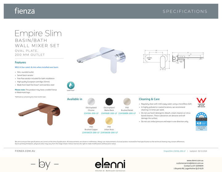 Empire Slim Basin/Bath Wall Mixer Set Dress Kit, Oval Plate, 200mm Outlet - Trim Kit Only - Spec sheet
