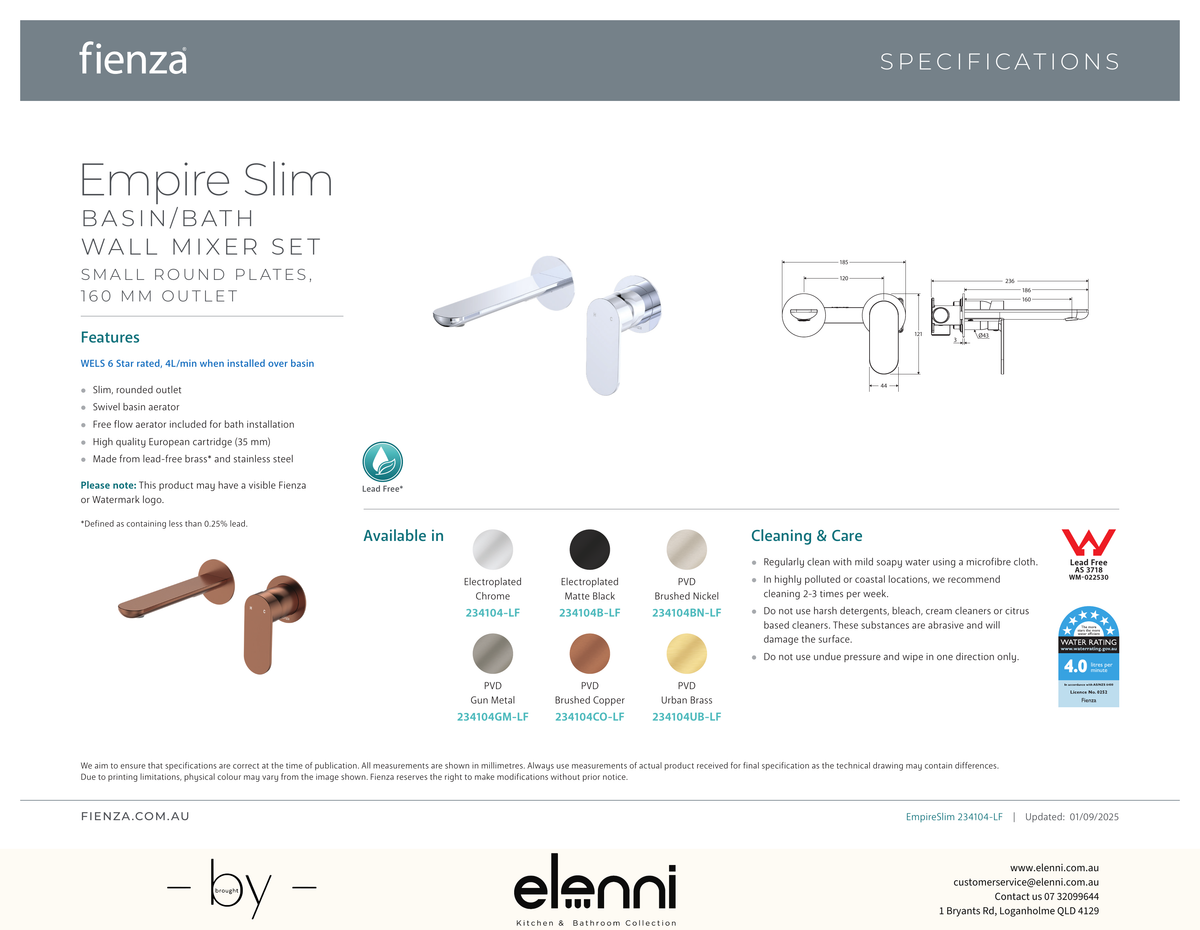 Empire Slim Basin/Bath Wall Mixer Set Dress Kit, Round Plates, 160mm Outlet - Trim Kit Only - Spec sheet