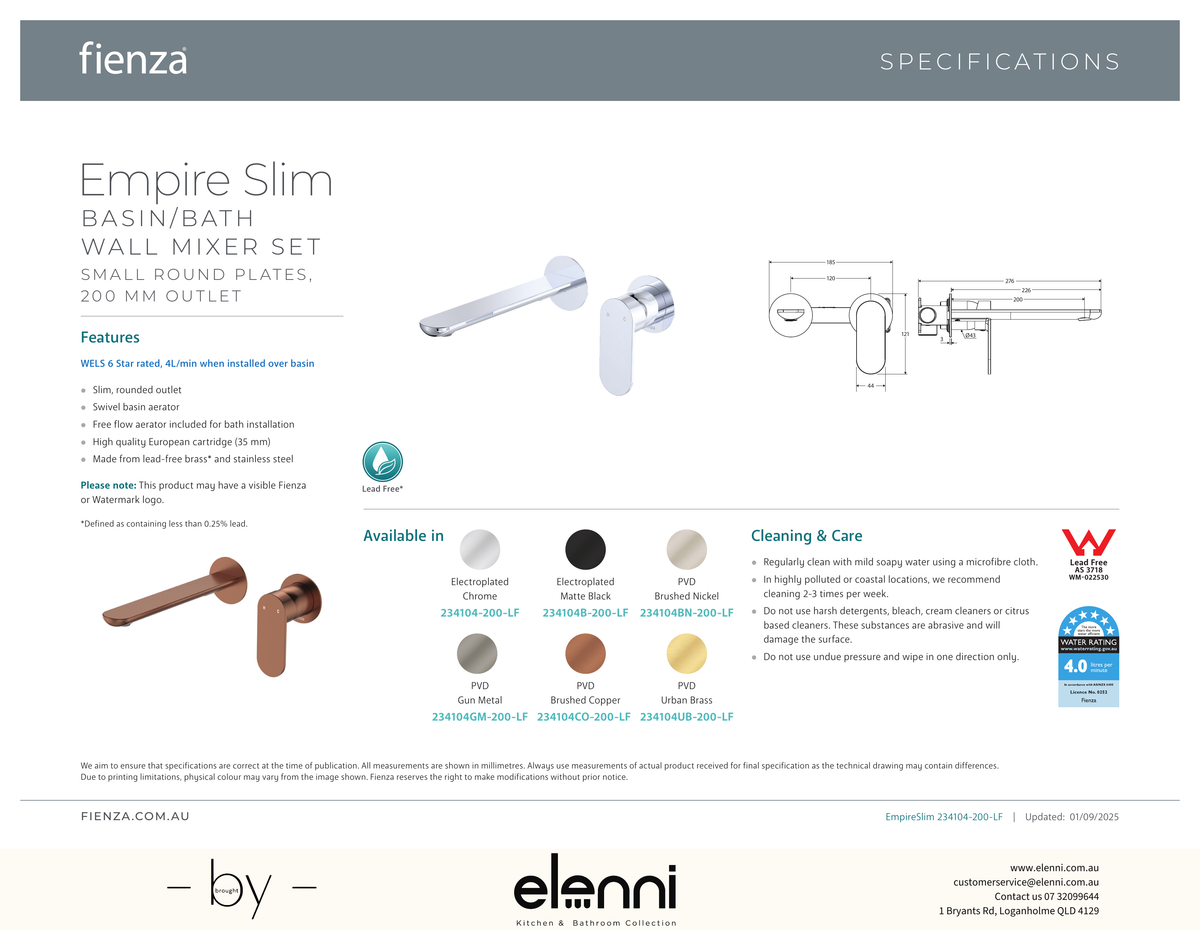 Empire Slim Basin/Bath Wall Mixer Set Dress Kit, Round Plates, 200mm Outlet - Trim Kit Only - Spec sheet