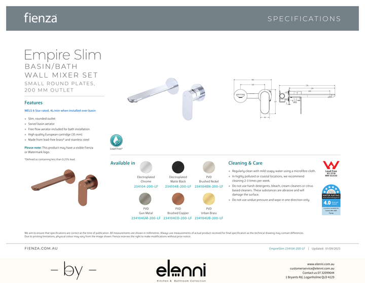 Empire Slim Basin/Bath Wall Mixer Set Dress Kit, Round Plates, 200mm Outlet - Trim Kit Only - Spec sheet