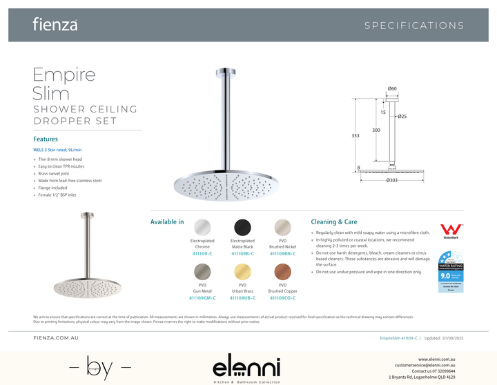 Empire Slim Ceiling Shower 300mm Head, 350mm Drop - Spec sheet