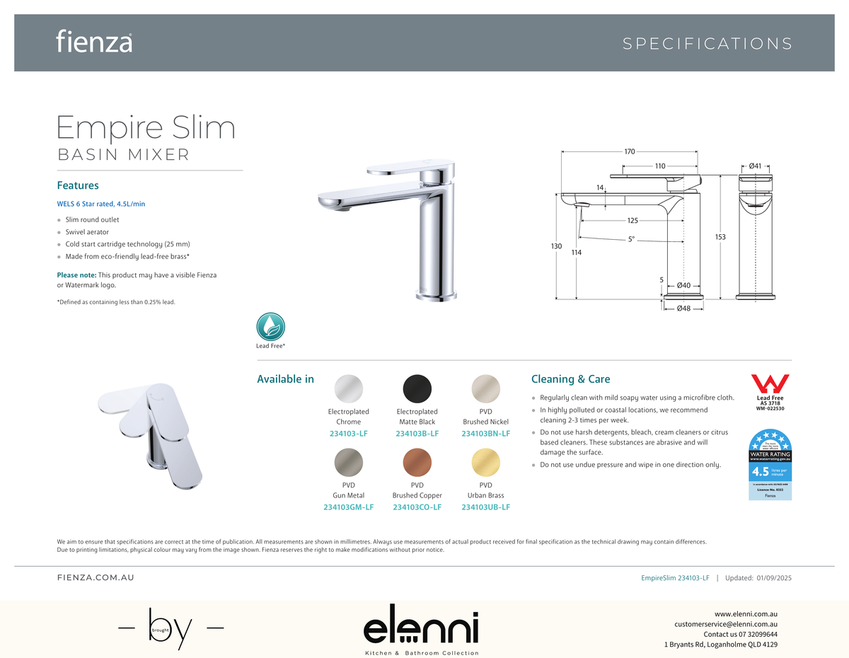 Empire Slim Cold Start Basin Mixer - Spec sheet