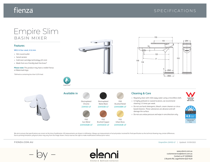 Empire Slim Cold Start Basin Mixer - Spec sheet