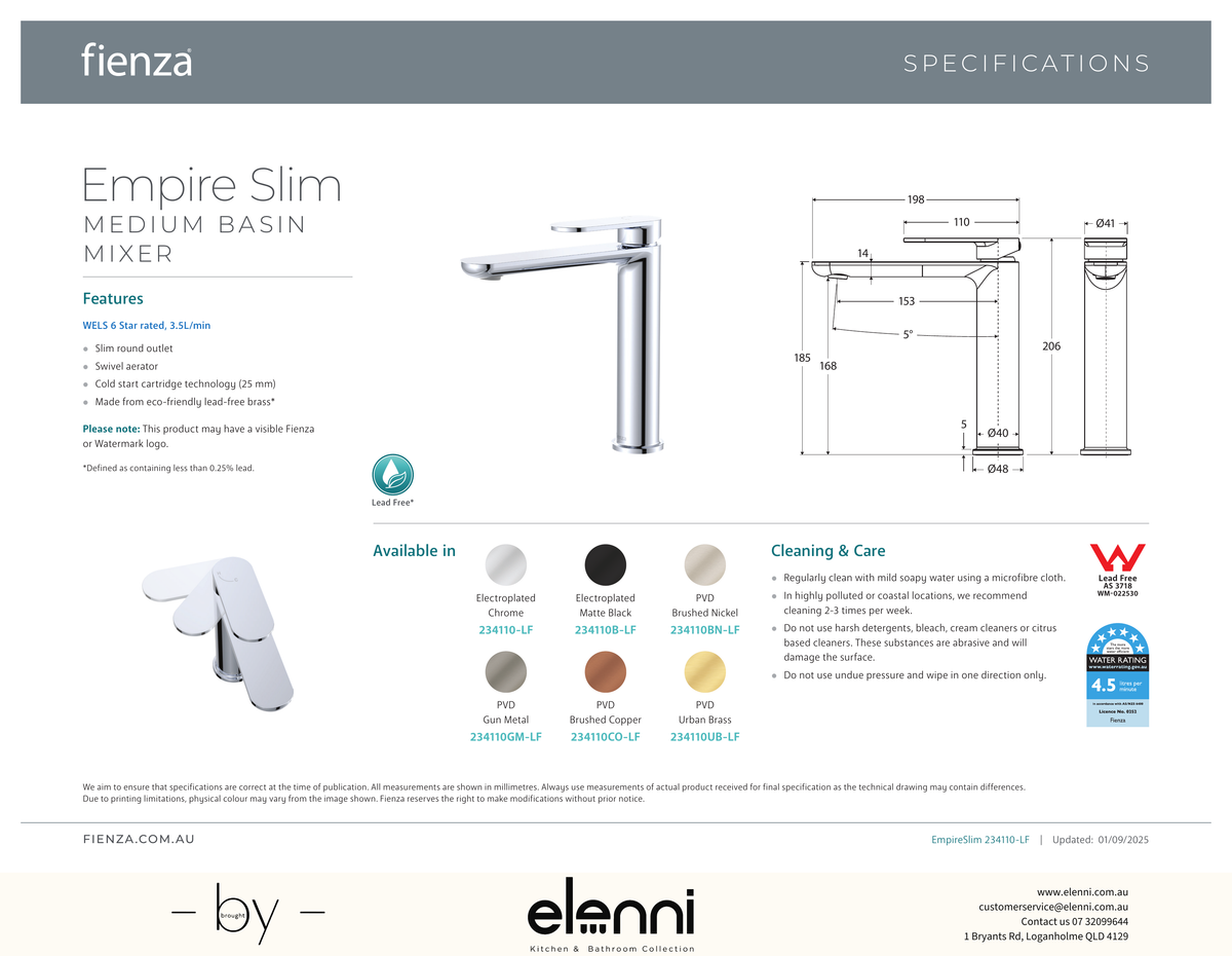 Empire Slim Cold Start Medium Basin Mixer - Spec sheet