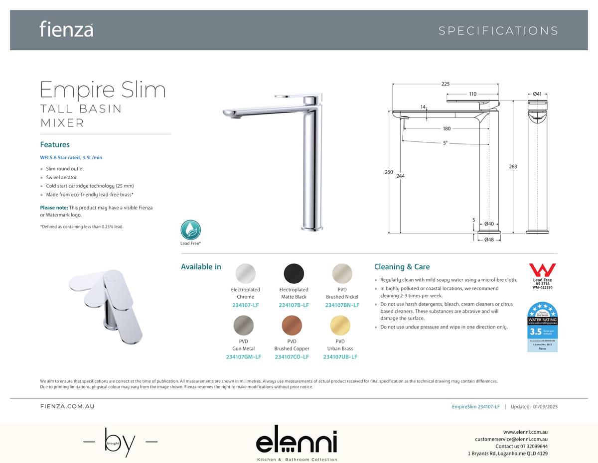 Empire Slim Cold Start Tall Basin Mixer - Spec sheet