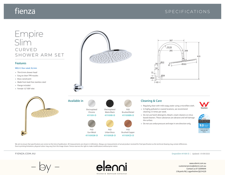 Empire Slim Curved Shower Arm Set - Spec sheet