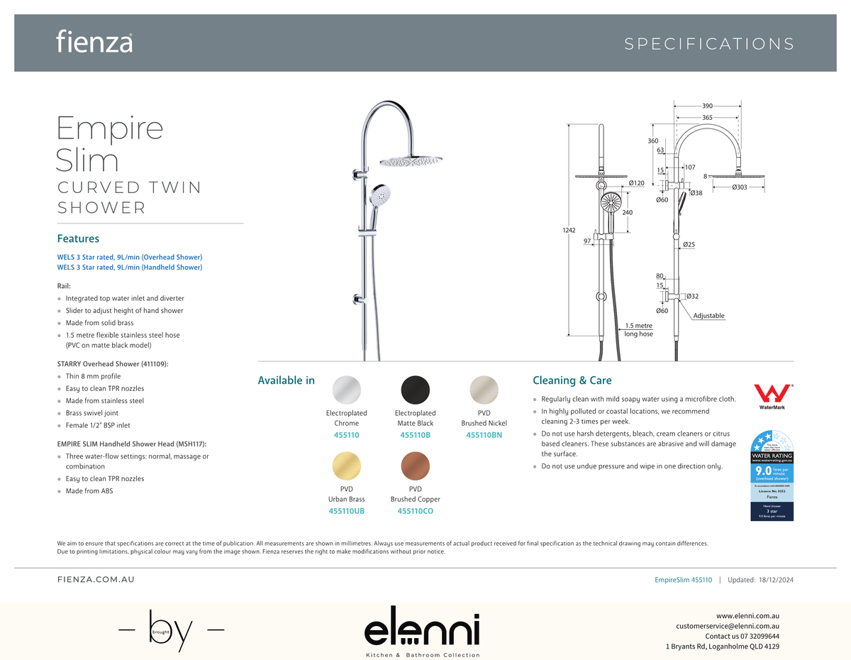 Empire Slim Curved Twin Shower - Spec sheet