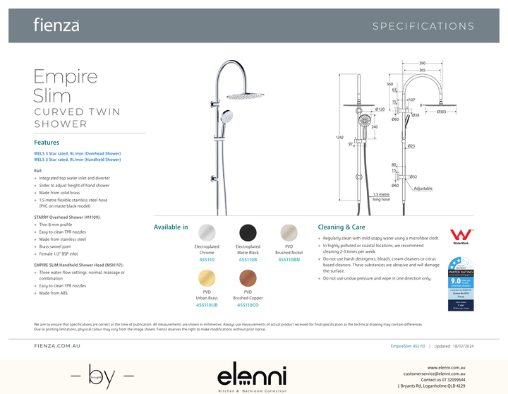 Empire Slim Curved Twin Shower - Spec sheet