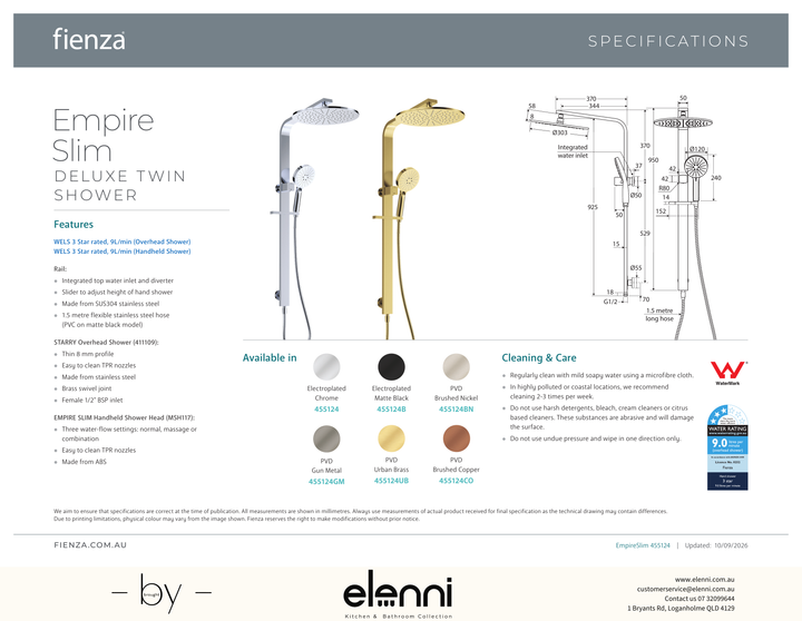 Empire Slim Deluxe Twin Shower - Spec sheet