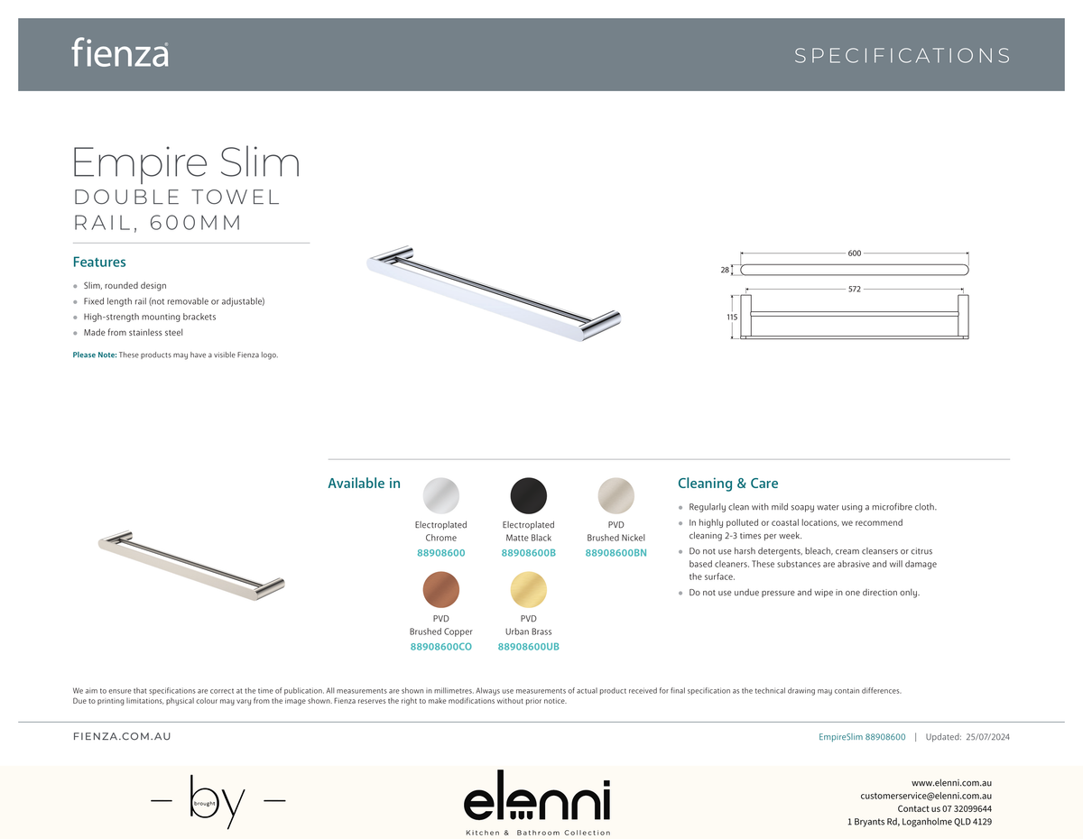 Empire Slim Double Towel Rail, 600mm - Spec sheet