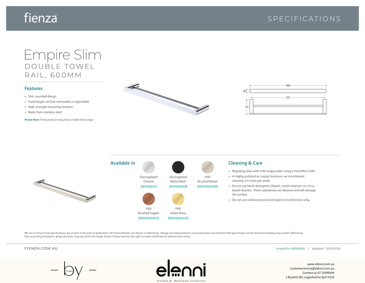 Empire Slim Double Towel Rail, 600mm - Spec sheet