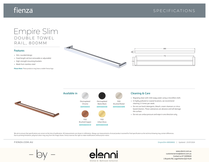 Empire Slim Double Towel Rail, 800mm - Spec sheet