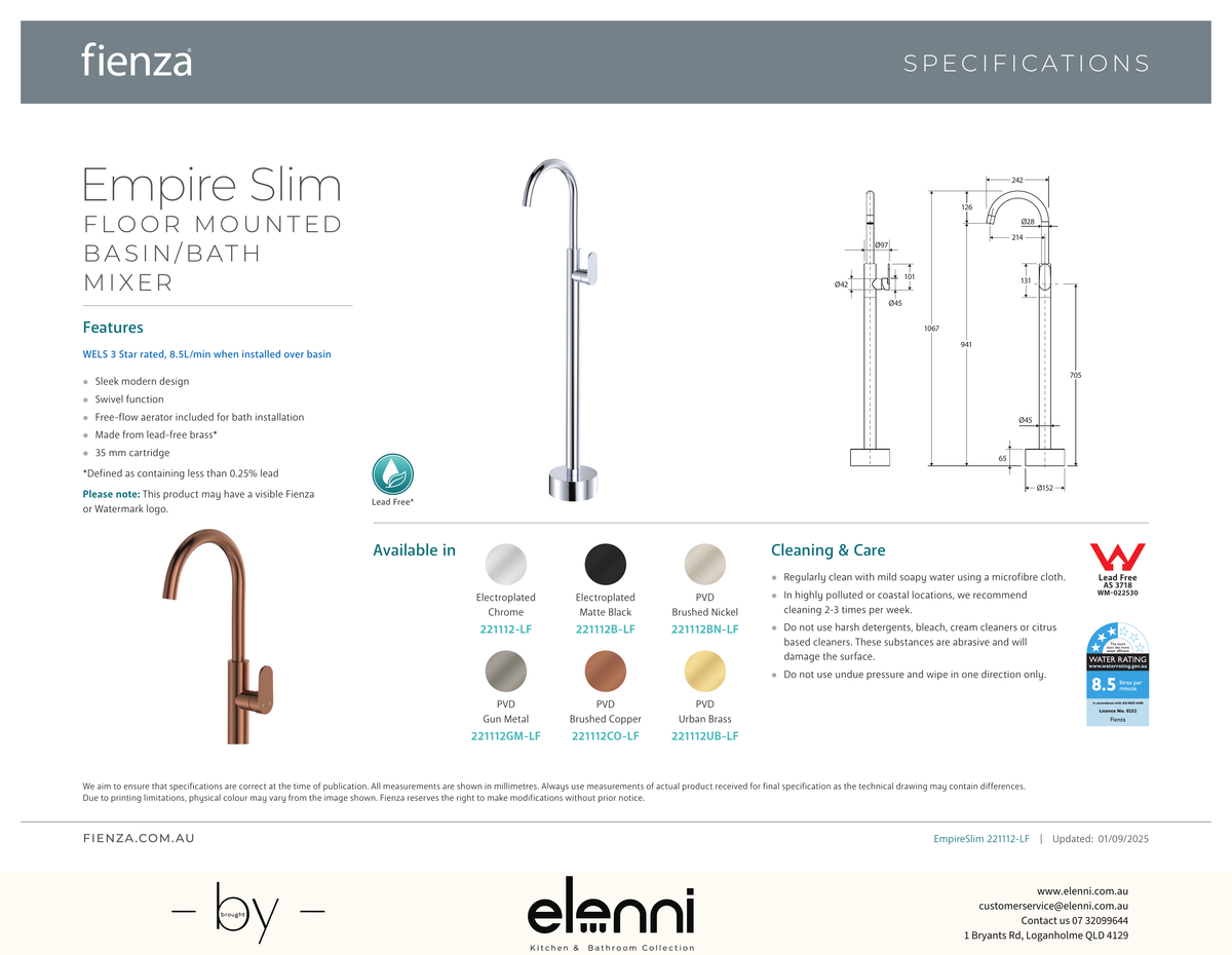 Empire Slim Floor Mounted Basin/Bath Mixer - Spec sheet