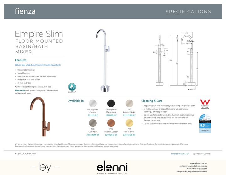 Empire Slim Floor Mounted Basin/Bath Mixer - Spec sheet