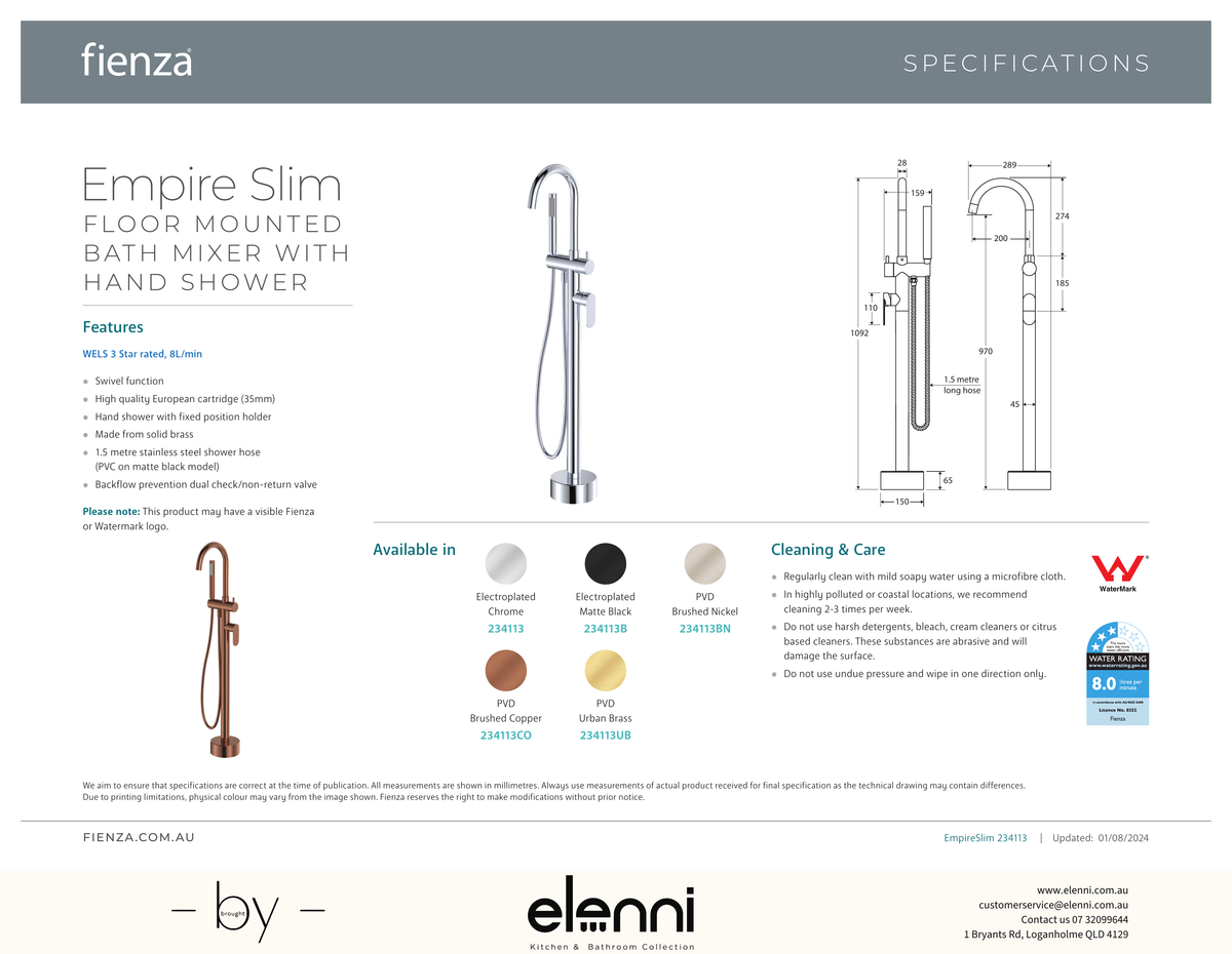 Empire Slim Floor Mounted Bath Mixer with Hand Shower - Spec sheet