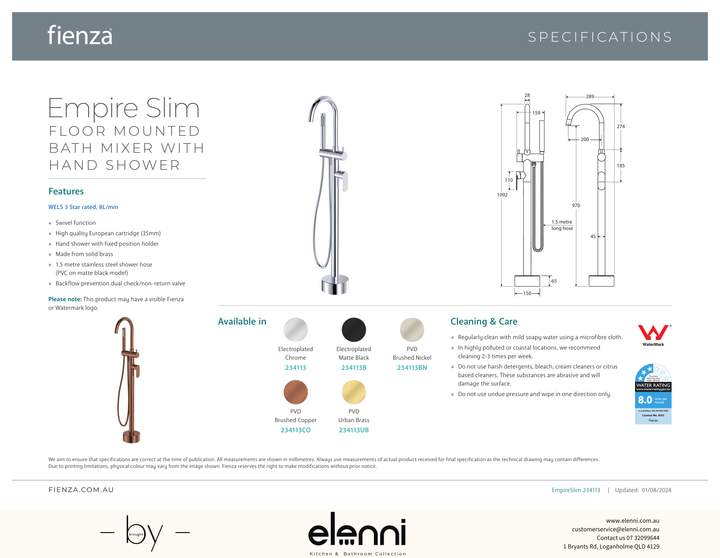 Empire Slim Floor Mounted Bath Mixer with Hand Shower - Spec sheet