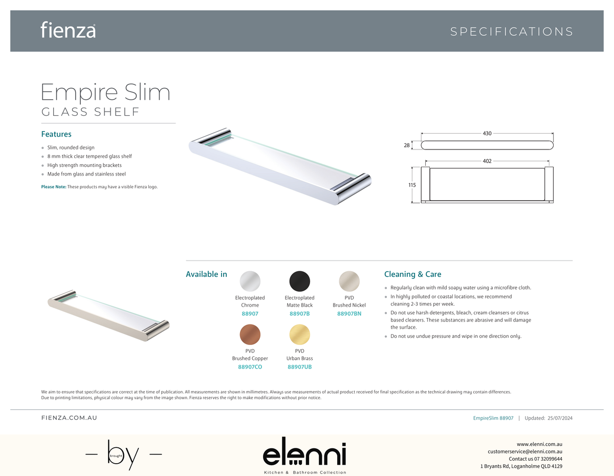 Empire Slim Glass Shelf - Spec sheet