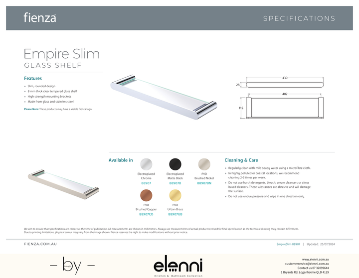 Empire Slim Glass Shelf - Spec sheet