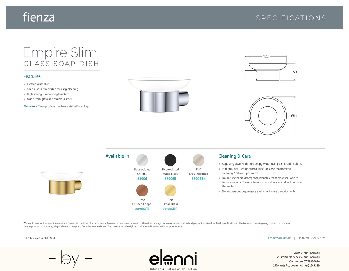 Empire Slim Glass Soap Dish - Spec sheet