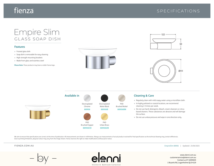 Empire Slim Glass Soap Dish - Spec sheet