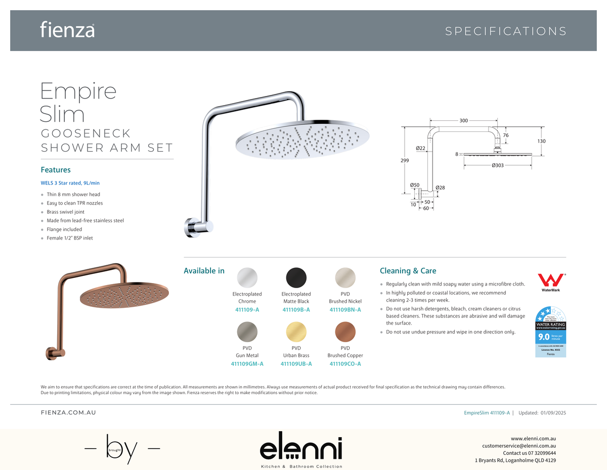 Empire Slim Gooseneck Shower Arm Set - Spec sheet
