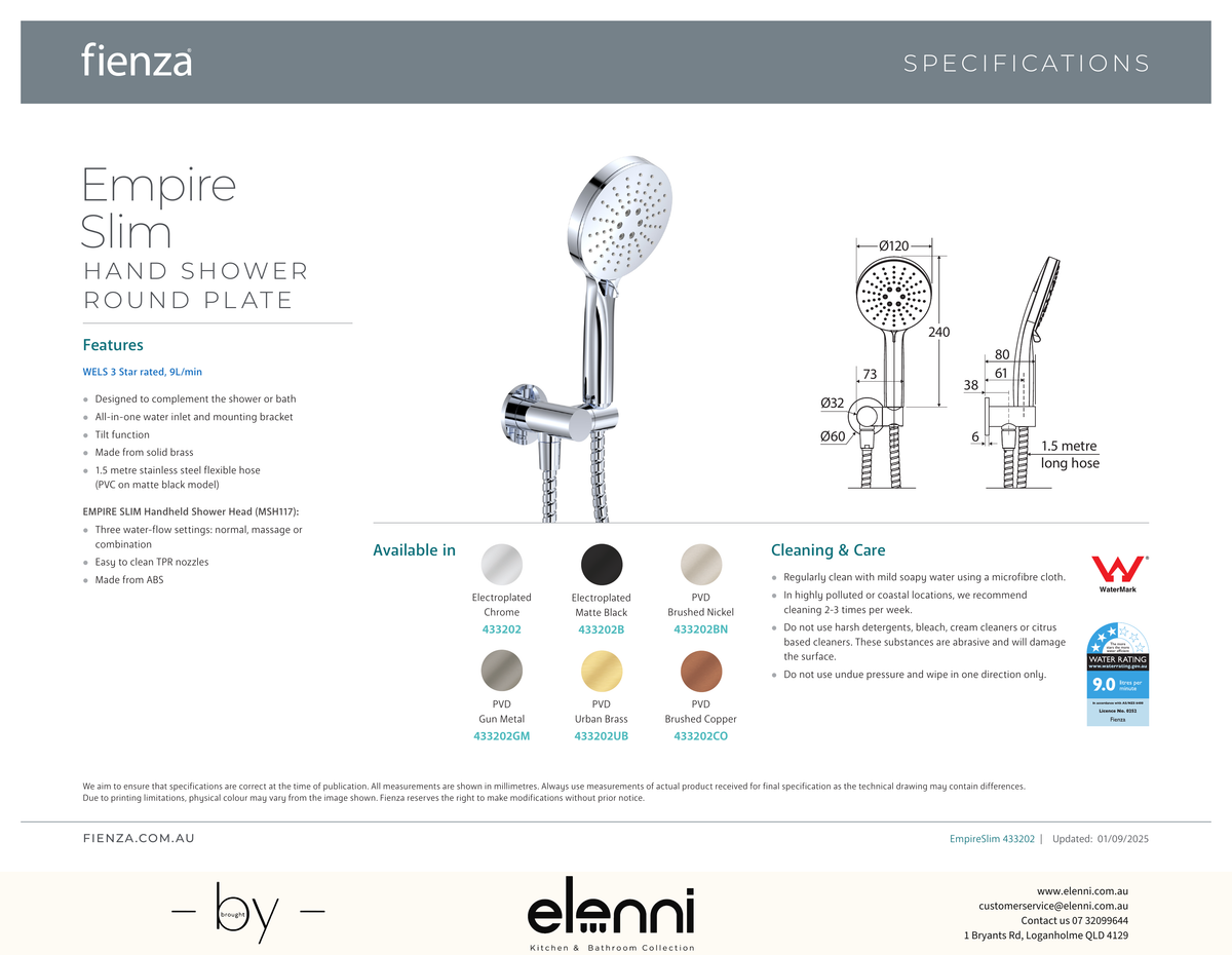Empire Slim Hand Shower, Round Plate - Spec sheet