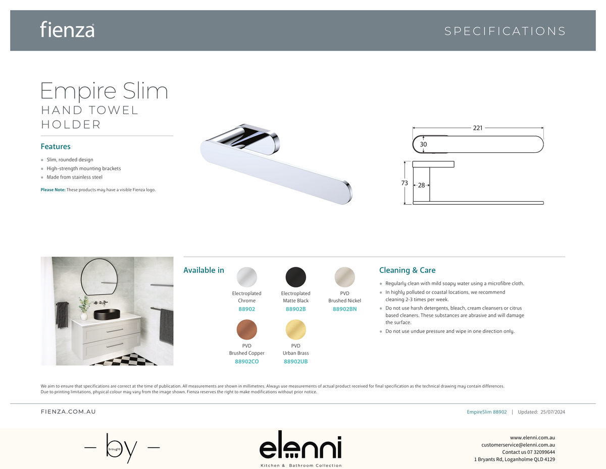 Empire Slim Hand Towel Holder - Spec sheet