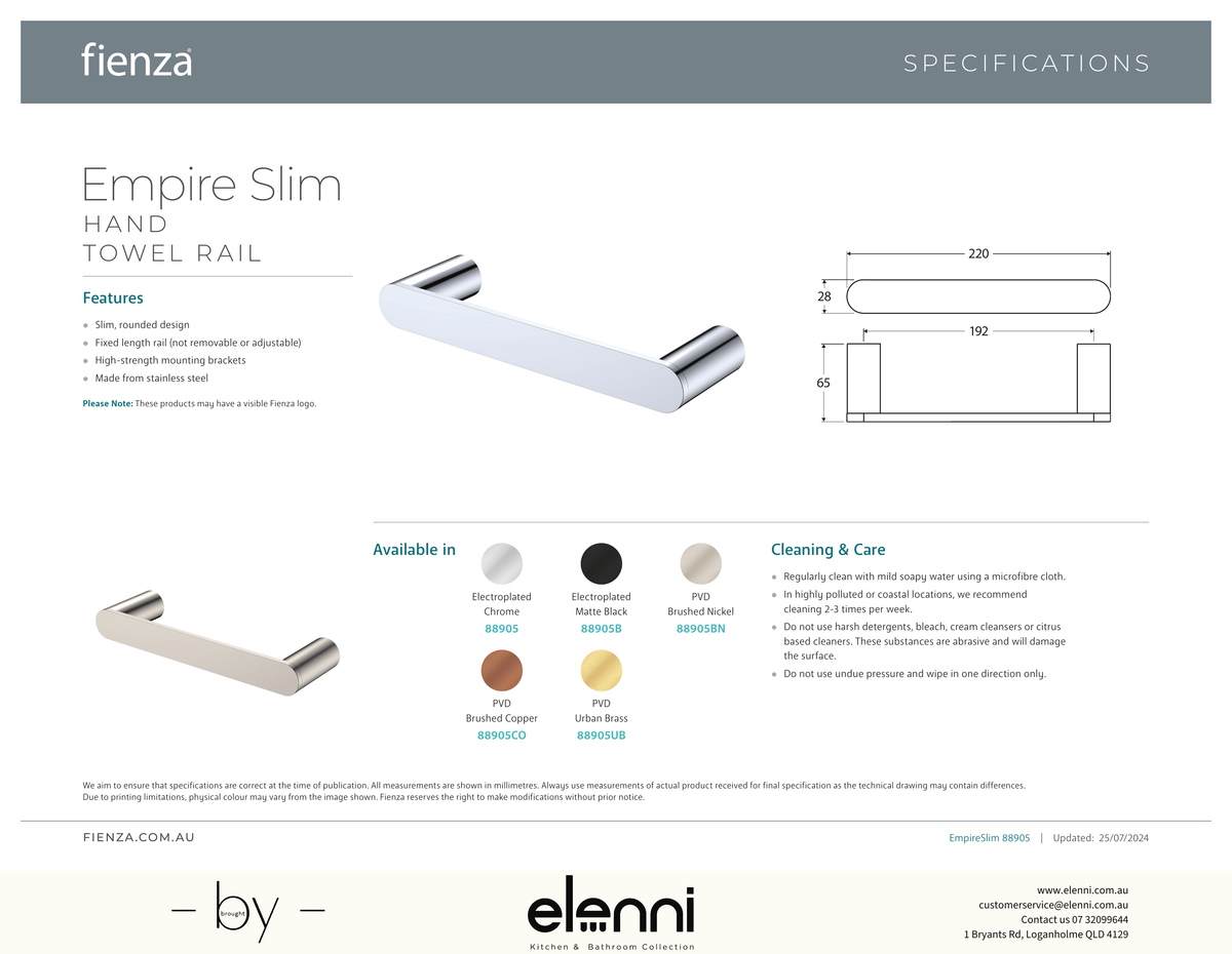 Empire Slim Hand Towel Rail - Spec sheet