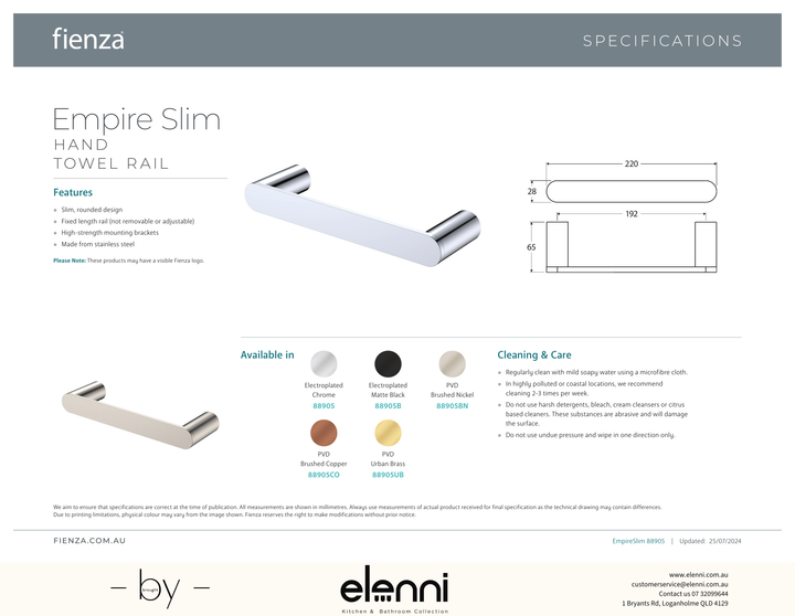 Empire Slim Hand Towel Rail - Spec sheet