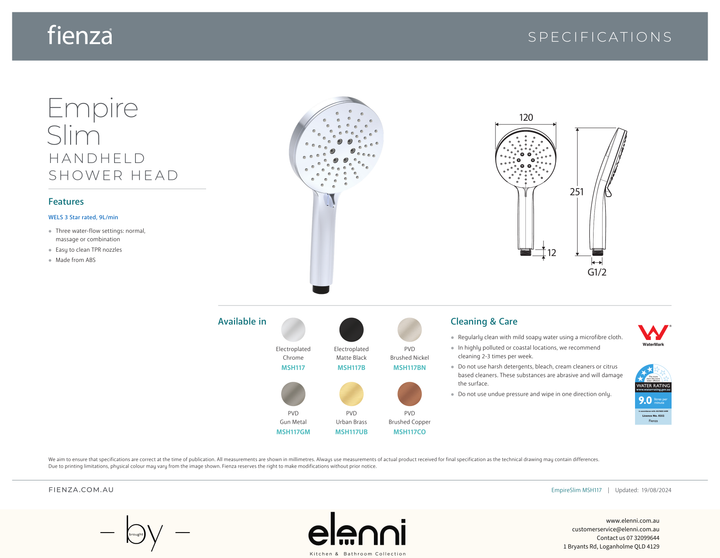 Empire Slim Handheld Shower Head - Spec sheet