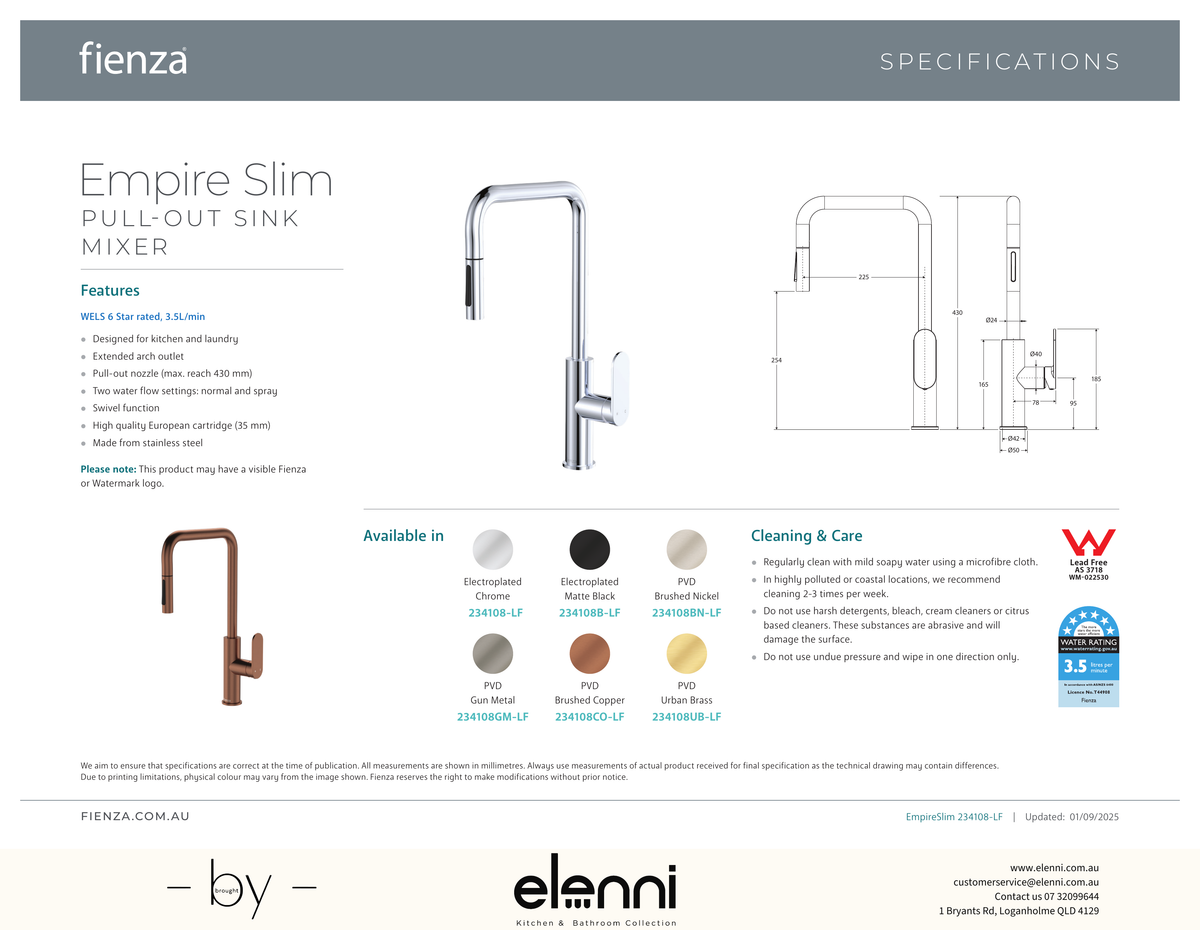 Empire Slim Pull-Out Sink Mixer - Spec sheet