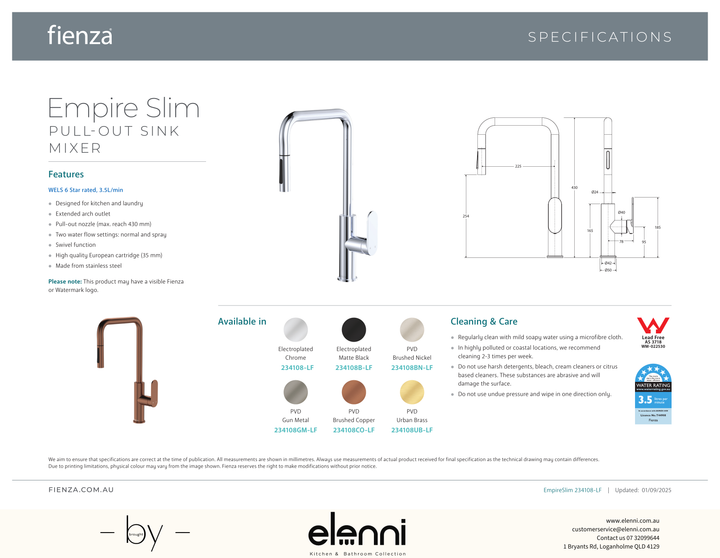 Empire Slim Pull-Out Sink Mixer - Spec sheet