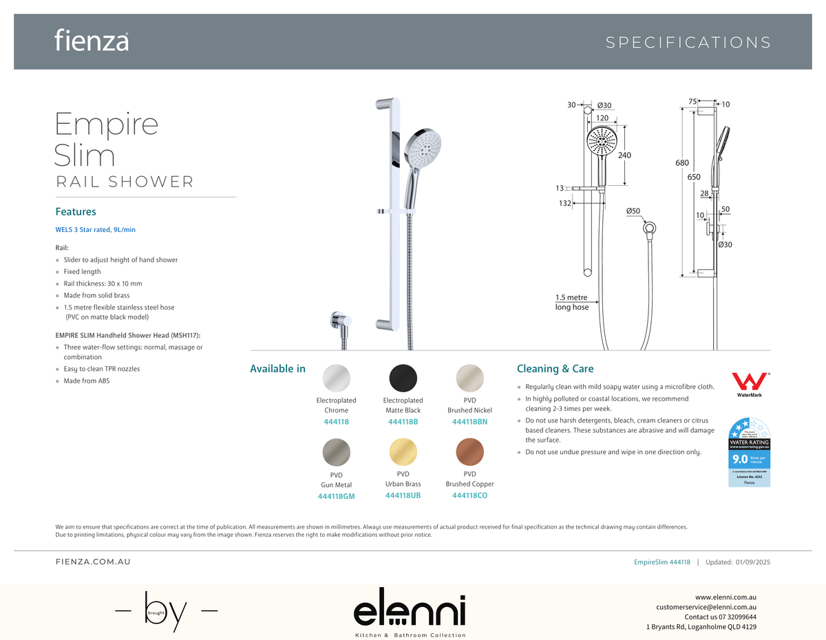 Empire Slim Rail Shower - Spec sheet