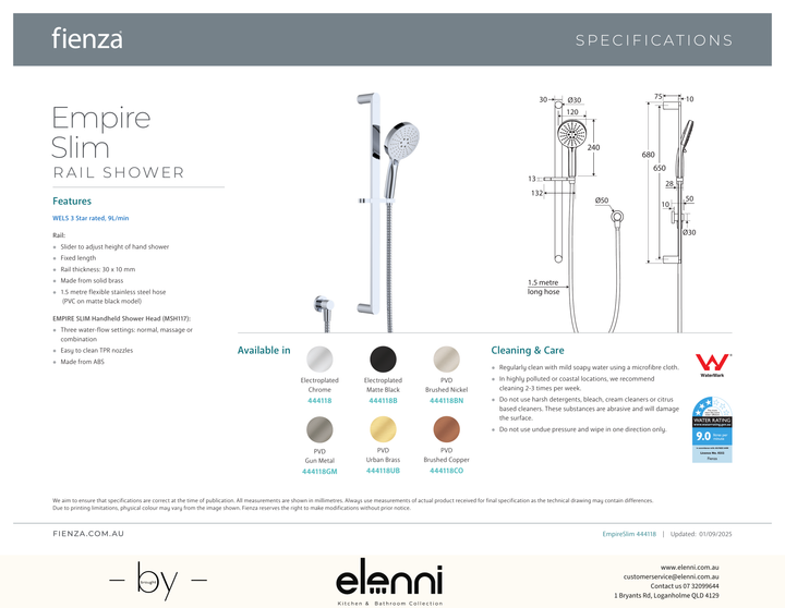Empire Slim Rail Shower - Spec sheet