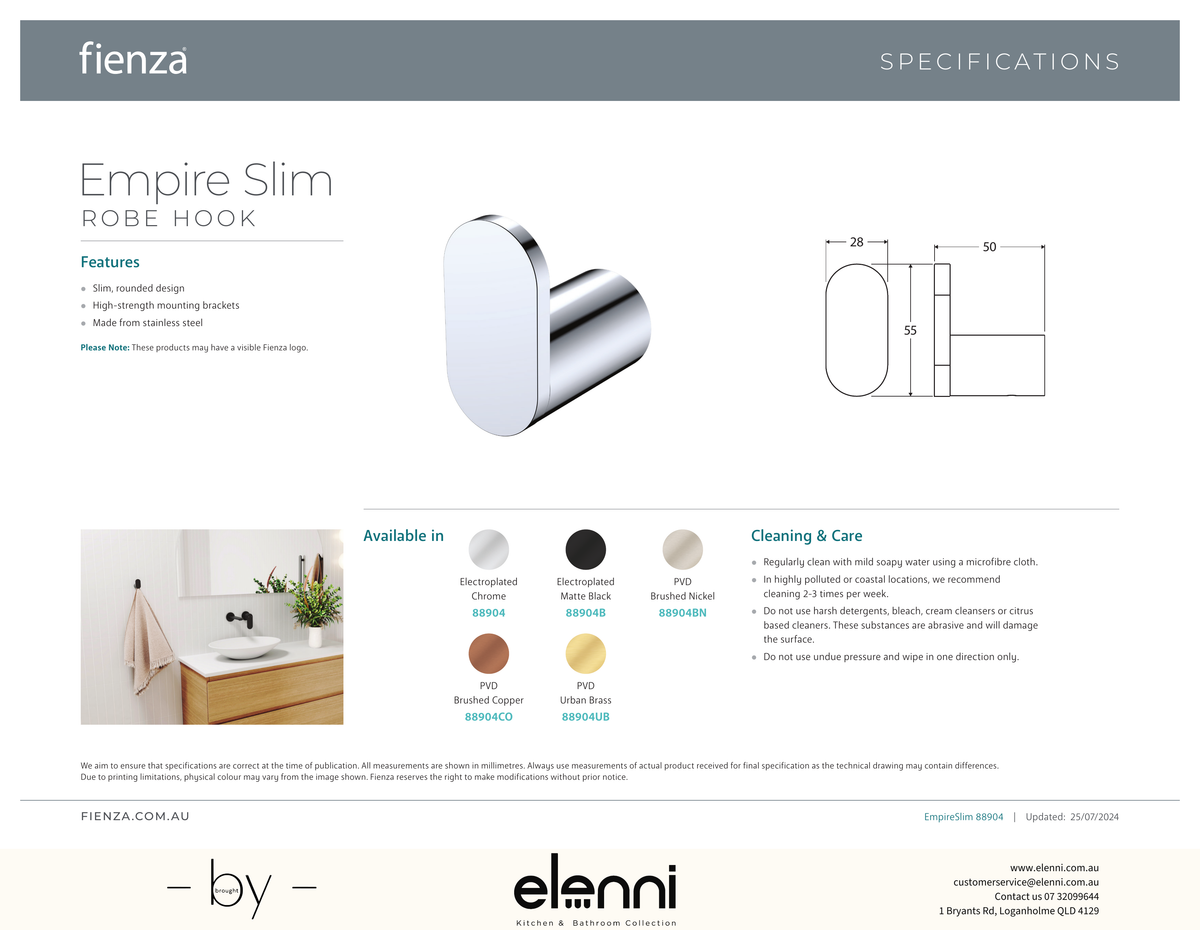Empire Slim Robe Hook - Spec sheet