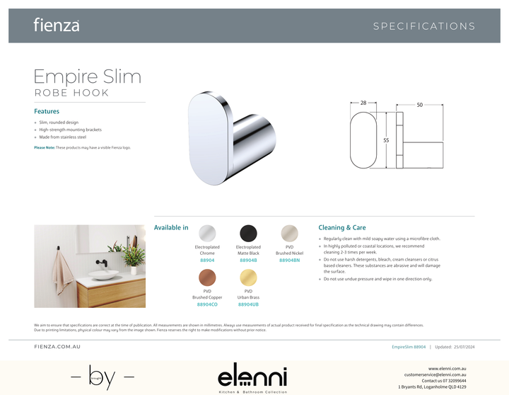Empire Slim Robe Hook - Spec sheet
