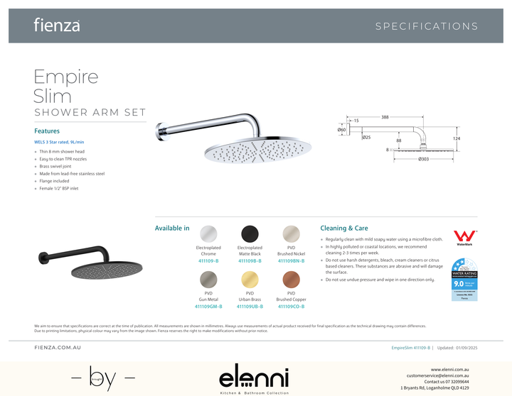 Empire Slim Shower Arm Set - Spec sheet