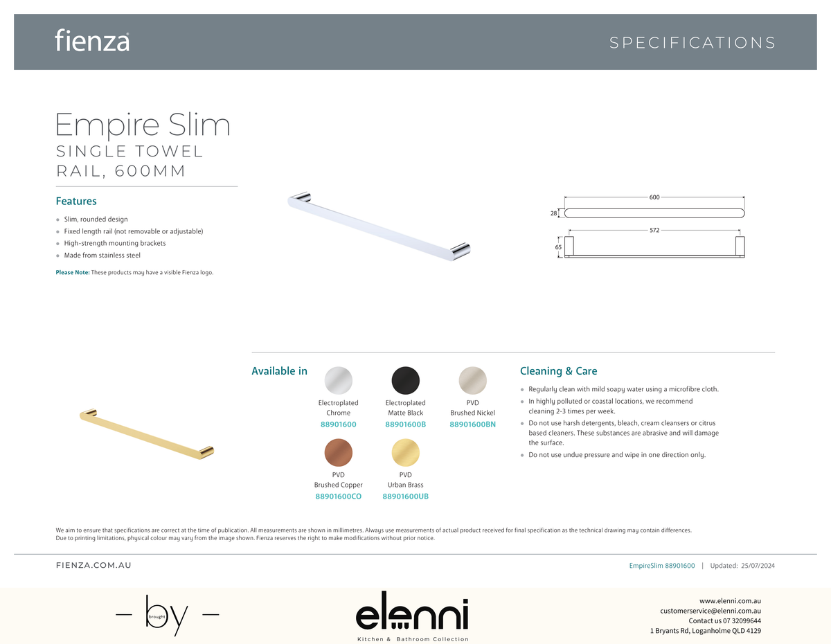 Empire Slim Single Towel Rail, 600mm - Spec sheet