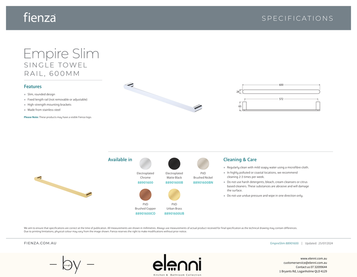 Empire Slim Single Towel Rail, 600mm - Spec sheet