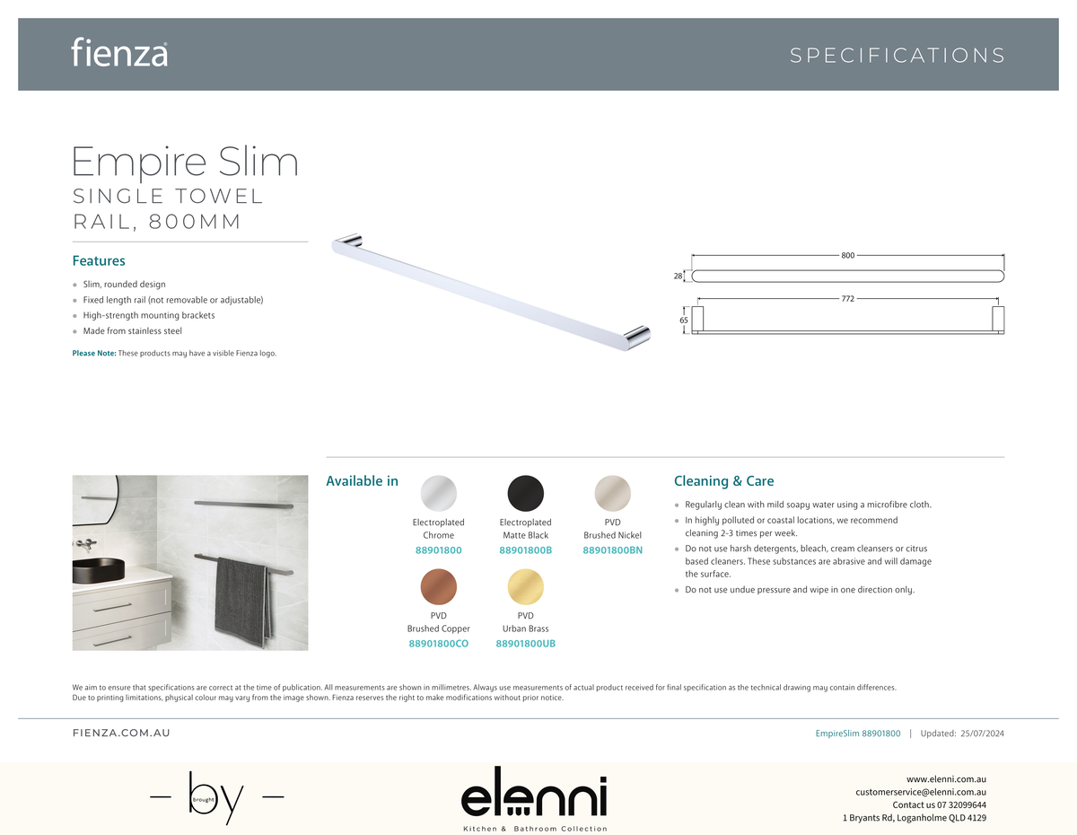 Empire Slim Single Towel Rail, 800mm - Spec sheet