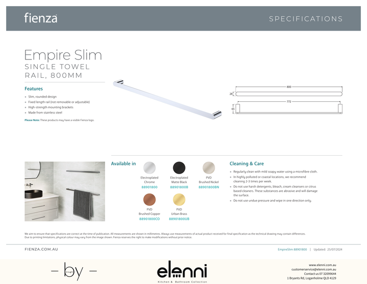 Empire Slim Single Towel Rail, 800mm - Spec sheet