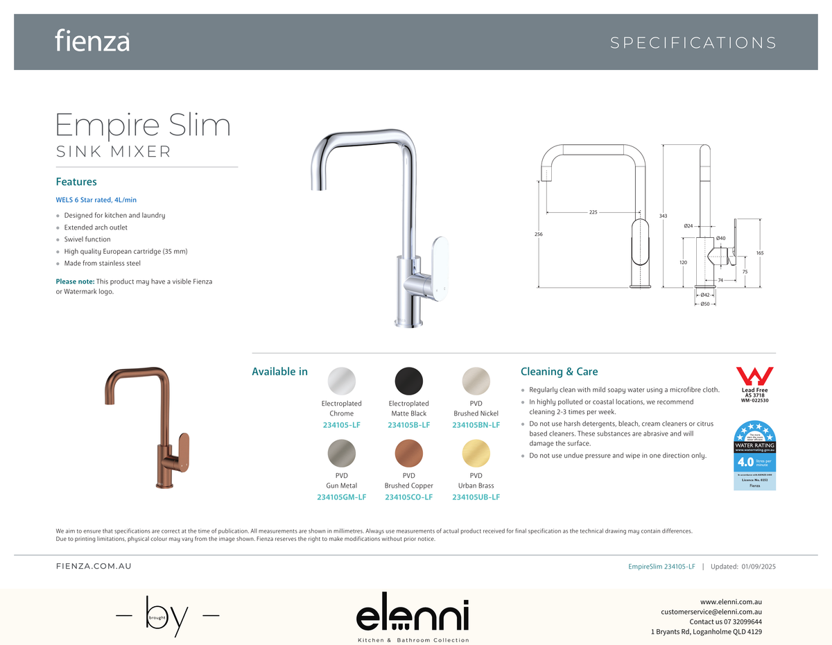 Empire Slim Sink Mixer - Spec sheet