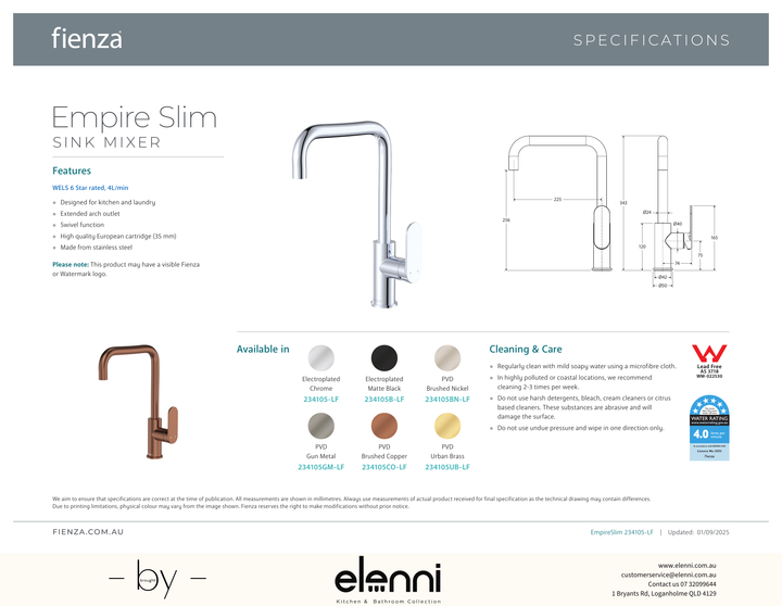 Empire Slim Sink Mixer - Spec sheet