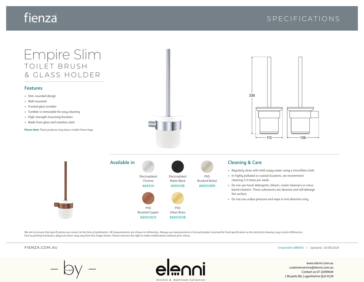 Empire Slim Toilet Brush &amp; Holder - Spec sheet