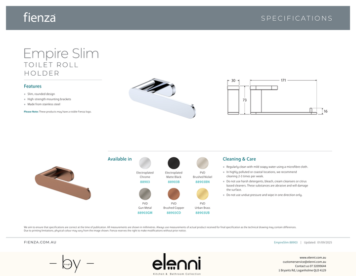 Empire Slim Toilet Roll Holder - Spec sheet