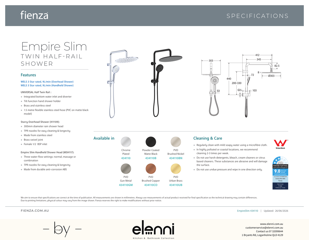 Empire Slim Twin Half-Rail Shower - Spec sheet