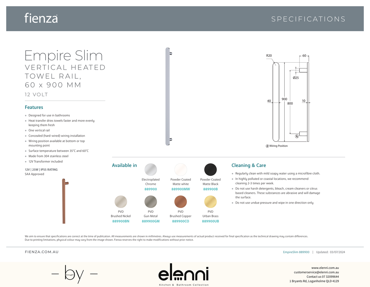Empire Slim Vertical Heated Towel Rail, 60 x 900mm - Spec sheet